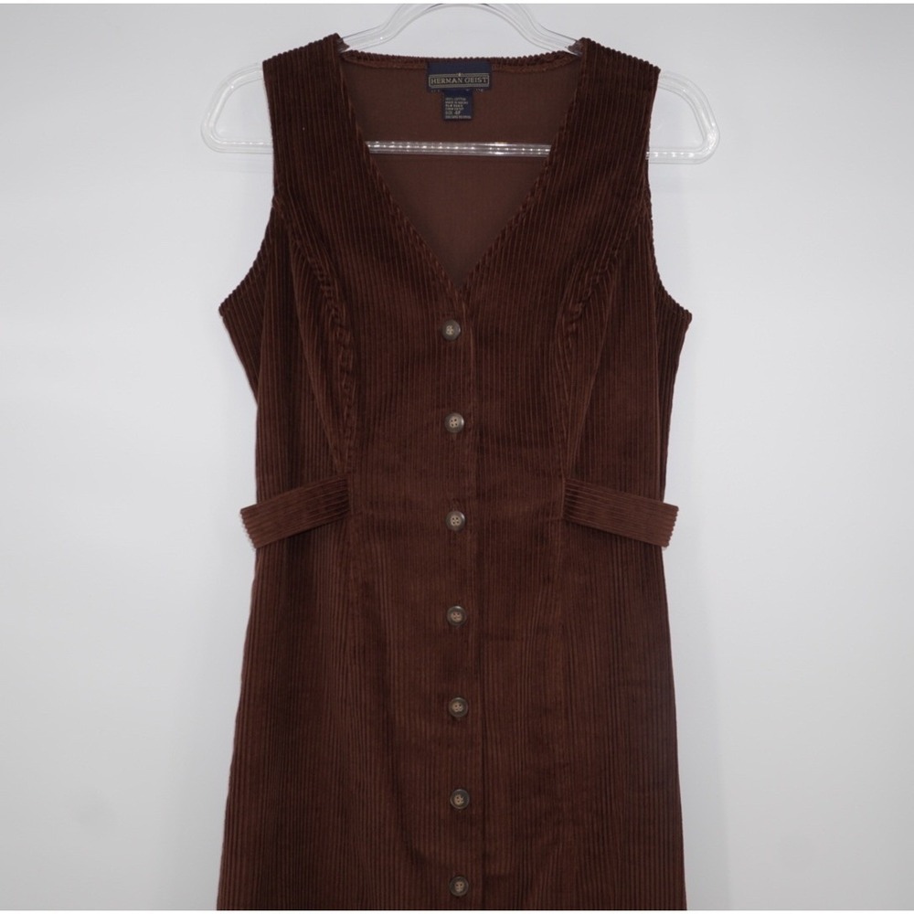 Vintage 90s Herman Geist Brown Corduroy Button Front Jumper Dress Womens 4P